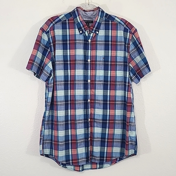 Tommy Hilfiger Other - TOMMY HILFIGER Men's Plaid Short Sleeve Orange-Red/Blue Button-Up Shirt, size XL